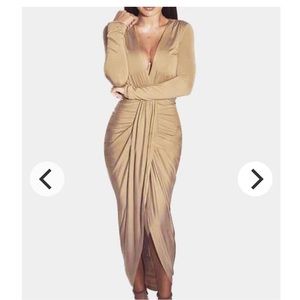 NWT- Agaci  Khaki V-Neck Long Sleeve High Waist Maxi Dress, Medium